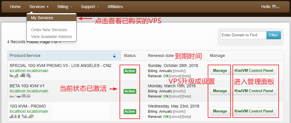 搬瓦工 My Services 真实页面截图
